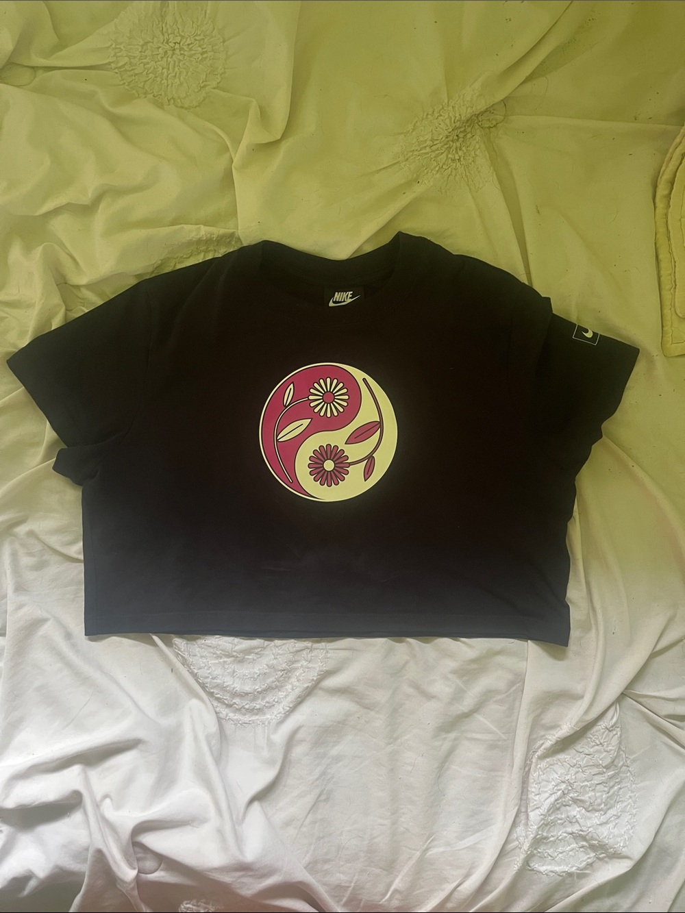 Nike Black Crop Tee with Pink & White Floral Yin-Yang